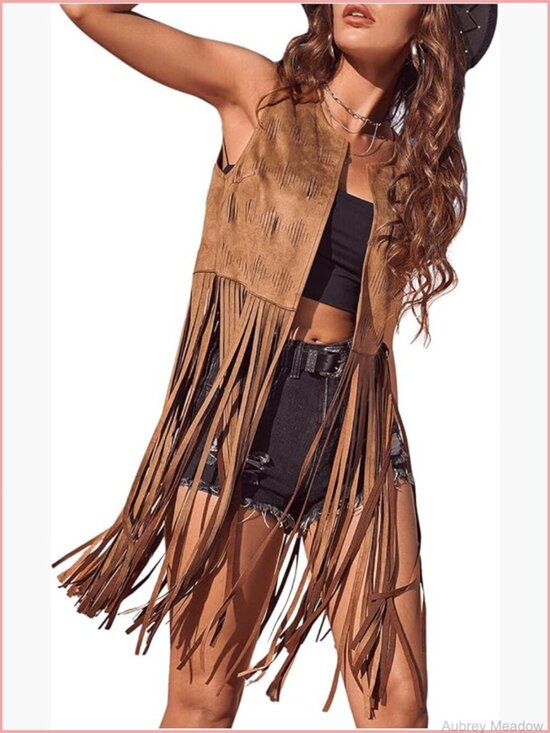 Jackets & Blazers - 70s Hippie Faux Suede Fringe Vest Sleeveless Tassel Jacket Cardigan